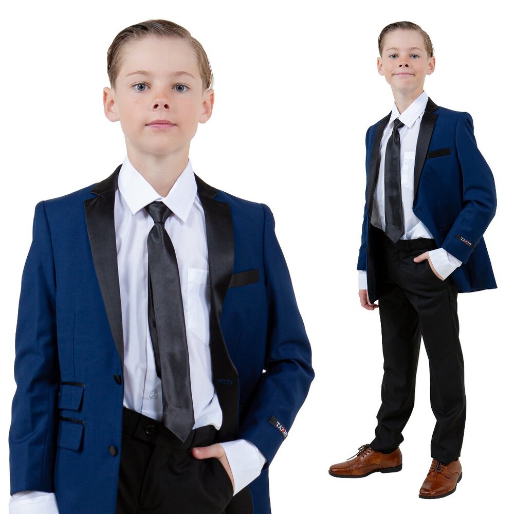 Boys 4pc Blue Suit Set Slim-Fit w/ Tuxedo Look by Tazzio